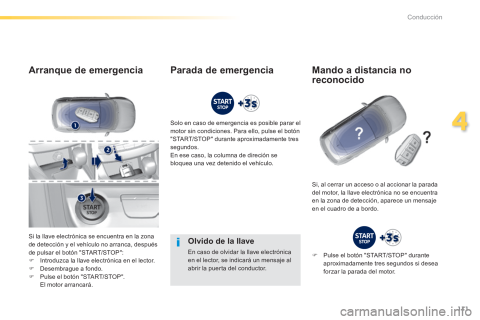 Peugeot 308 2014  Manual del propietario (in Spanish) 111
4
Conducción
308_es_Chap04_conduite_ed02-2013
  Olvido de la llave 
 En caso de olvidar la llave electrónica en el lector, se indicará un mensaje al abrir la puerta del conductor.   
Arranque d