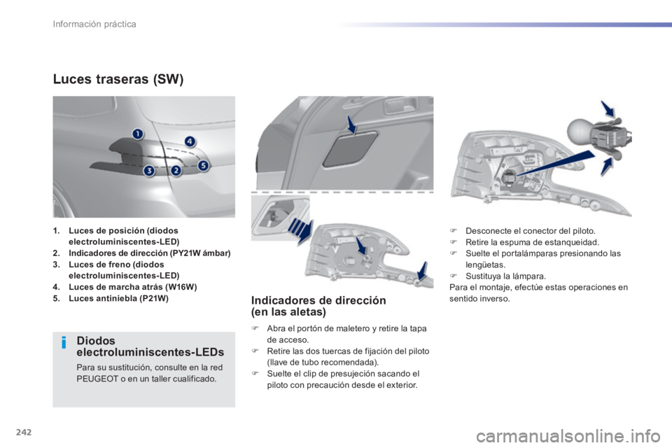 Peugeot 308 2014  Manual del propietario (in Spanish) 242
Información práctica
308_es_Chap07_info pratiques_ed02-2013
                    Luces  traseras  (SW) 
Diodos electroluminiscentes-LEDs 
 Para su sustitución, consulte en la red PEUGEOT o en un