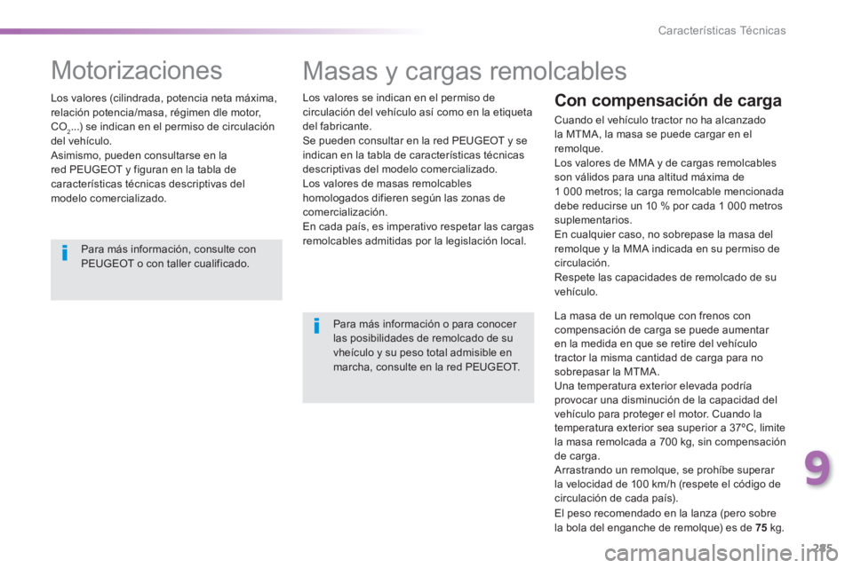 Peugeot 308 2014 Manual del propietario (in Spanish) 285
9
Características Técnicas
308_es_Chap09_caracteristiques techniques_ed02-2013
Masas y cargas remolcables
Los valores se indican en el permiso de circulación del vehículo así como en la Peugeot 308 2014 Manual del propietario (in Spanish) 285
9
Características Técnicas
308_es_Chap09_caracteristiques techniques_ed02-2013
Masas y cargas remolcables
Los valores se indican en el permiso de circulación del vehículo así como en la