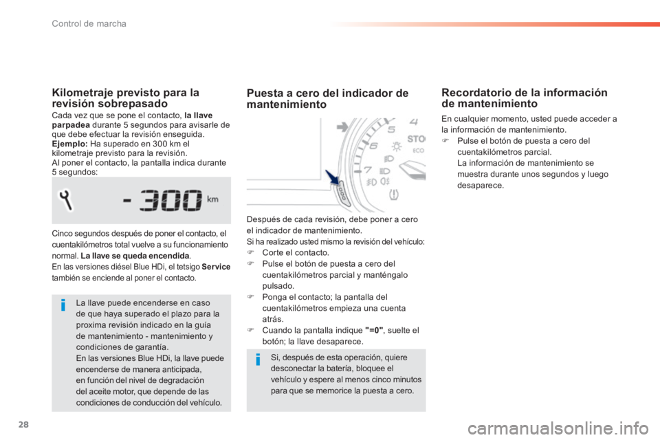 Peugeot 308 2014 Manual del propietario (in Spanish) 28
Control de marcha
308_es_Chap01_controle de marche_ed02-2013
Kilometraje previsto para la revisión sobrepasado Cada vez que se pone el contacto, la llave parpadea durante 5 segundos para avis Peugeot 308 2014 Manual del propietario (in Spanish) 28
Control de marcha
308_es_Chap01_controle de marche_ed02-2013
Kilometraje previsto para la revisión sobrepasado Cada vez que se pone el contacto, la llave parpadea durante 5 segundos para avis