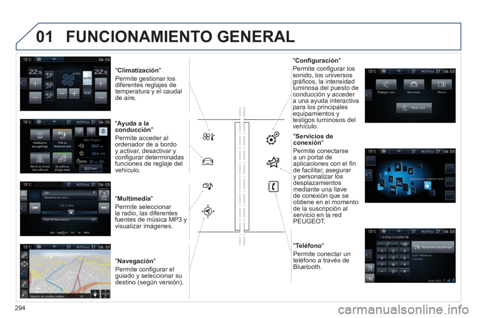 Peugeot 308 2014 Manual del propietario (in Spanish) 01
308_es_Chap10c_SMEGplus_ed02-2013
"Climatización"
Permite gestionar los diferentes reglajes de temperatura y el caudal de aire.
"Ayuda a la conducción"
Permite acceder al orde Peugeot 308 2014 Manual del propietario (in Spanish) 01
308_es_Chap10c_SMEGplus_ed02-2013
"Climatización"
Permite gestionar los diferentes reglajes de temperatura y el caudal de aire.
"Ayuda a la conducción"
Permite acceder al orde