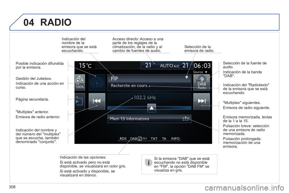 Peugeot 308 2014 Manual del propietario (in Spanish) 04
308
308_es_Chap10c_SMEGplus_ed02-2013
RADIO
Indicación de las opciones:
Si está activado pero no está disponible, se visualizará en color gris.
Si está activado y disponible, se vis Peugeot 308 2014 Manual del propietario (in Spanish) 04
308
308_es_Chap10c_SMEGplus_ed02-2013
RADIO
Indicación de las opciones:
Si está activado pero no está disponible, se visualizará en color gris.
Si está activado y disponible, se vis
