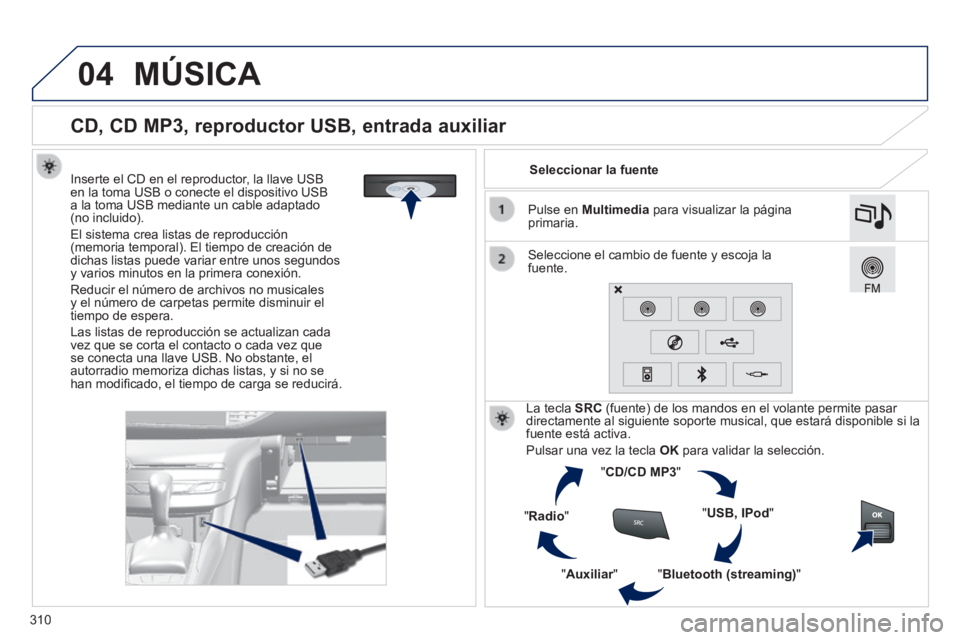 Peugeot 308 2014 Manual del propietario (in Spanish) 04
310
308_es_Chap10c_SMEGplus_ed02-2013
CD, CD MP3, reproductor USB, entrada auxiliar
Inserte el CD en el reproductor, la llave USB en la toma USB o conecte el dispositivo USB a la Peugeot 308 2014 Manual del propietario (in Spanish) 04
310
308_es_Chap10c_SMEGplus_ed02-2013
CD, CD MP3, reproductor USB, entrada auxiliar
Inserte el CD en el reproductor, la llave USB en la toma USB o conecte el dispositivo USB a la
