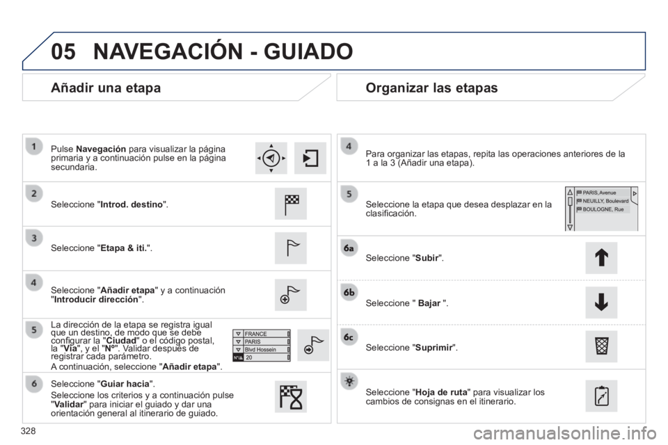 Peugeot 308 2014 Manual del propietario (in Spanish) 05
328
308_es_Chap10c_SMEGplus_ed02-2013
Añadir una etapa Organizar las etapas
Seleccione "Introd. destino".
Seleccione "Etapa & iti.".
Seleccione "Añadir etapa" y a continuaci Peugeot 308 2014 Manual del propietario (in Spanish) 05
328
308_es_Chap10c_SMEGplus_ed02-2013
Añadir una etapa Organizar las etapas
Seleccione "Introd. destino".
Seleccione "Etapa & iti.".
Seleccione "Añadir etapa" y a continuaci
