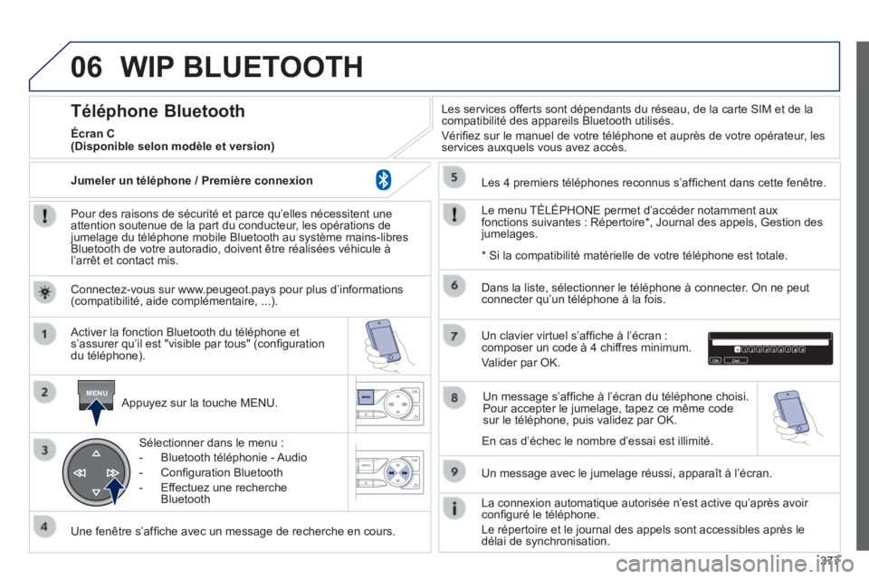 Peugeot 308 2014  Manuel du propriétaire (in French) 06
MENU
377
 WIP  BLUETOOTH 
  Pour des raisons de sécurité et parce qu’elles nécessitent u\
ne attention soutenue de la part du conducteur, les opérations de jumelage du téléphone mobile Blue