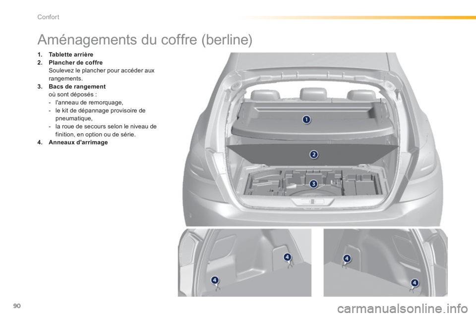 Peugeot 308 2014  Manuel du propriétaire (in French) 90
Confort
                 Aménagements du coffre (berline) 
1.    Tablette arrière2.    Plancher de coffre       Soulevez le plancher pour accéder aux rangements. 3.    Bacs de rangement       o