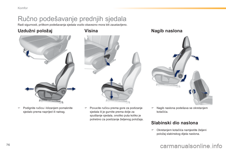 Peugeot 308 2014  Vodič za korisnike (in Croatian) 76
Komfor
308_hr_Chap03_confort_ed02-2013
         Ručno podešavanje prednjih sjedala  
   Podignite ručicu i klizanjem pomaknite sjedalo prema naprijed ili natrag.      Povucite ručicu prem