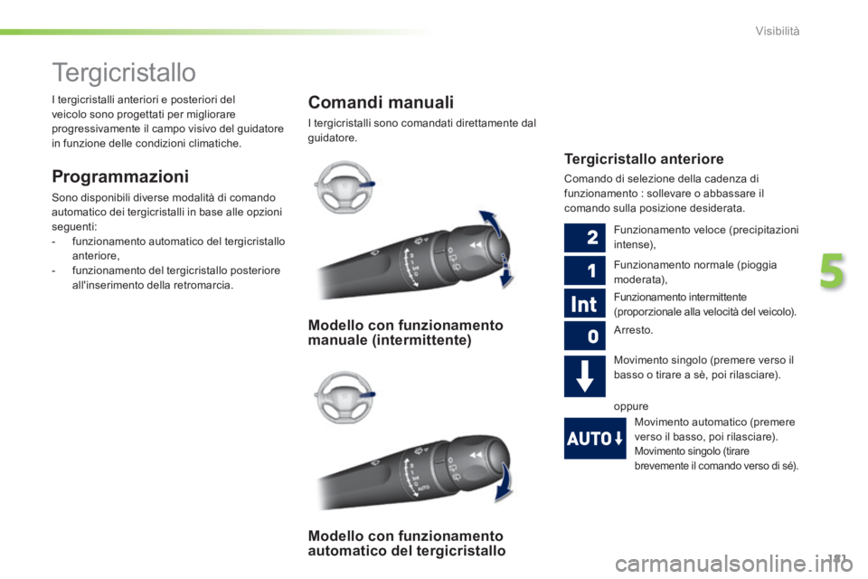 Peugeot 308 2014 Manuale del proprietario (in Italian) 181
5
Visibilità
308_it_Chap05_visibilite_ed02-2013
Tergicristallo
Programmazioni
Sono disponibili diverse modalità di comando
automatico dei tergicristalli in base alle opzioni segue Peugeot 308 2014 Manuale del proprietario (in Italian) 181
5
Visibilità
308_it_Chap05_visibilite_ed02-2013
Tergicristallo
Programmazioni
Sono disponibili diverse modalità di comando
automatico dei tergicristalli in base alle opzioni segue