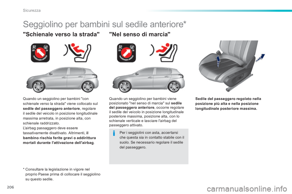 Peugeot 308 2014 Manuale del proprietario (in Italian) 206
Sicurezza
308_it_Chap06_securite_ed02-2013
Sedile del passeggero regolato nella posizione più alta e nella posizione longitudinale posteriore massima.
"Schienale verso la strada"
Segg Peugeot 308 2014 Manuale del proprietario (in Italian) 206
Sicurezza
308_it_Chap06_securite_ed02-2013
Sedile del passeggero regolato nella posizione più alta e nella posizione longitudinale posteriore massima.
"Schienale verso la strada"
Segg