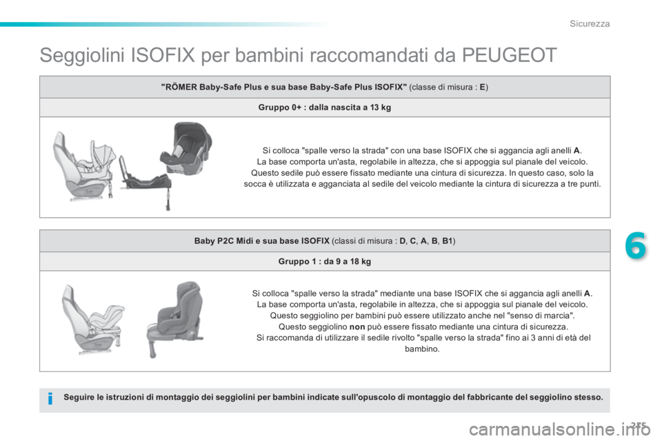 Peugeot 308 2014  Manuale del proprietario (in Italian) 215
6
Sicurezza
308_it_Chap06_securite_ed02-2013
               Seggiolini ISOFIX per bambini raccomandati da PEUGEOT  
Seguire le istruzioni di montaggio dei seggiolini per bambini indicate sullopus