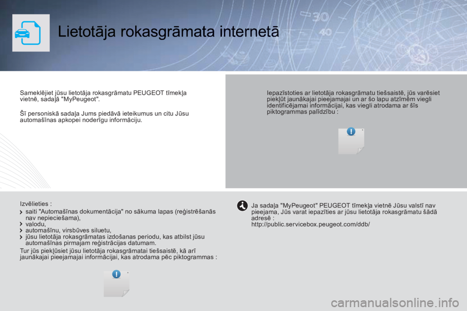 Peugeot 308 2014 Īpašnieka rokasgrāmata (in Latvian) Šī personiskā sadaļa Jums piedāvā ieteikumus un citu Jūsu automašīnas apkopei noderīgu informāciju.
Lietotāja rokasgrāmata internetā
Sameklējiet jūsu lietotāja rokasgrāmat Peugeot 308 2014 Īpašnieka rokasgrāmata (in Latvian) Šī personiskā sadaļa Jums piedāvā ieteikumus un citu Jūsu automašīnas apkopei noderīgu informāciju.
Lietotāja rokasgrāmata internetā
Sameklējiet jūsu lietotāja rokasgrāmat