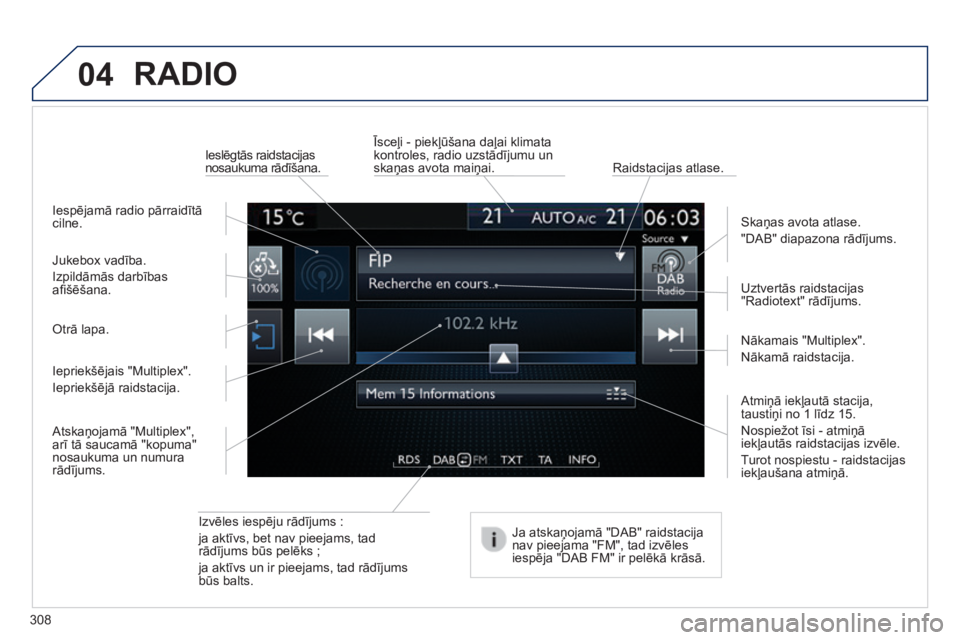 Peugeot 308 2014  Īpašnieka rokasgrāmata (in Latvian) 04
308
308_LV_CHAP10C_SMEGPLUS_ED02-2013
 RADIO 
  Izvēles iespēju rādījums :  
ja aktīvs, bet nav pieejams, tad rādījums būs pelēks ;  
ja aktīvs un ir pieejams, tad rādījums būs balts. 