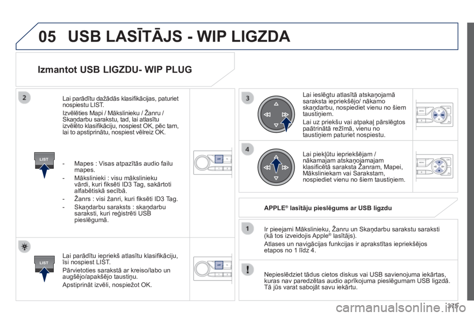 Peugeot 308 2014  Īpašnieka rokasgrāmata (in Latvian) 05
LIST
LIST
375
308_lv_chap10d_rd45_ed02_2013
  Izmantot USB LIGZDU- WIP PLUG 
  Lai parādītu iepriekš atlasītu klasiﬁ kāciju, īsi nospiest LIST. 
 Pārvietoties sarakstā ar kreiso/labo un a