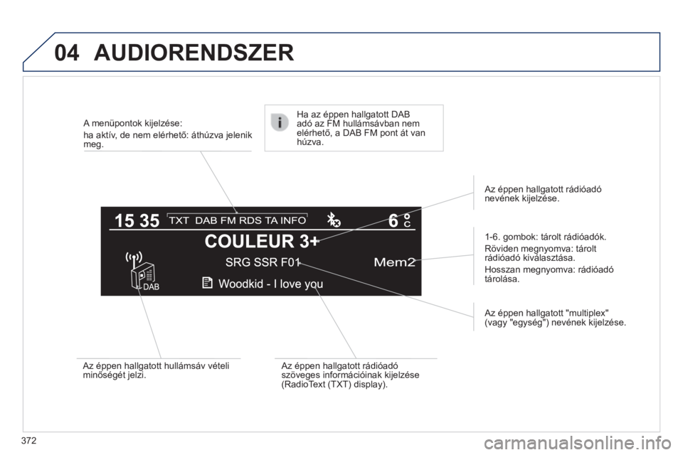 Peugeot 308 2014  Kezelési útmutató (in Hungarian) 04
372
308_hu_Chap10d_RD45_ed02_2013
A menüpontok kijelzése:  
ha aktív, de nem elérhető: áthúzva jelenik meg.  
  1-6. gombok: tárolt rádióadók. 
 Röviden megnyomva: tárolt rádióadó k