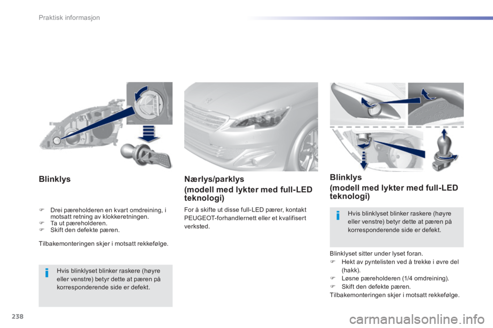 Peugeot 308 2014  Brukerhåndbok (in Norwegian) 238
Praktisk informasjon
308_no_Chap07_info pratiques_ed02-2013
 Tilbakemonteringen skjer i motsatt rekkefølge.  
         Blinklys 
  Hvis blinklyset blinker raskere (høyre eller venstre) betyr det