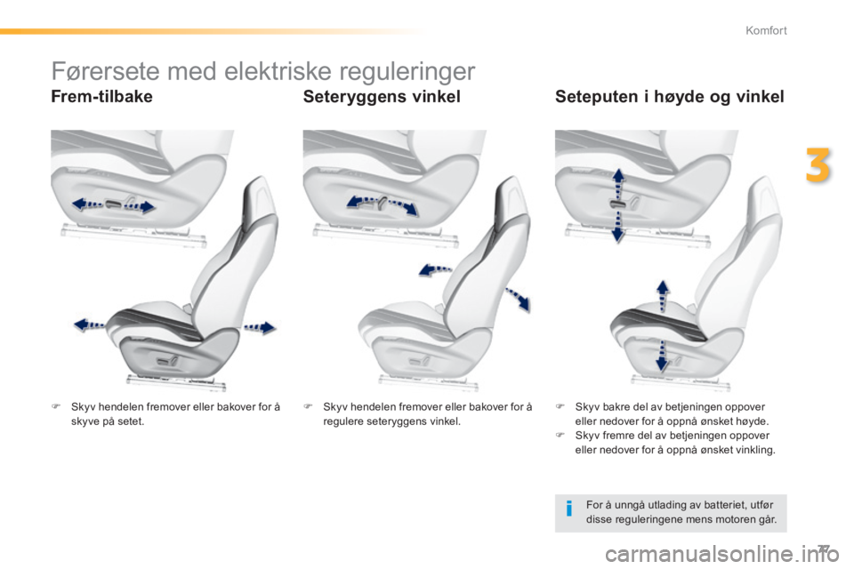 Peugeot 308 2014  Brukerhåndbok (in Norwegian) 77
3
Komfort
308_no_Chap03_confort_ed02-2013
           Førersete med elektriske reguleringer  
  Frem-tilbake   Seteryggens  vinkel   Seteputen i høyde og vinkel 
  For å unngå utlading av batter
