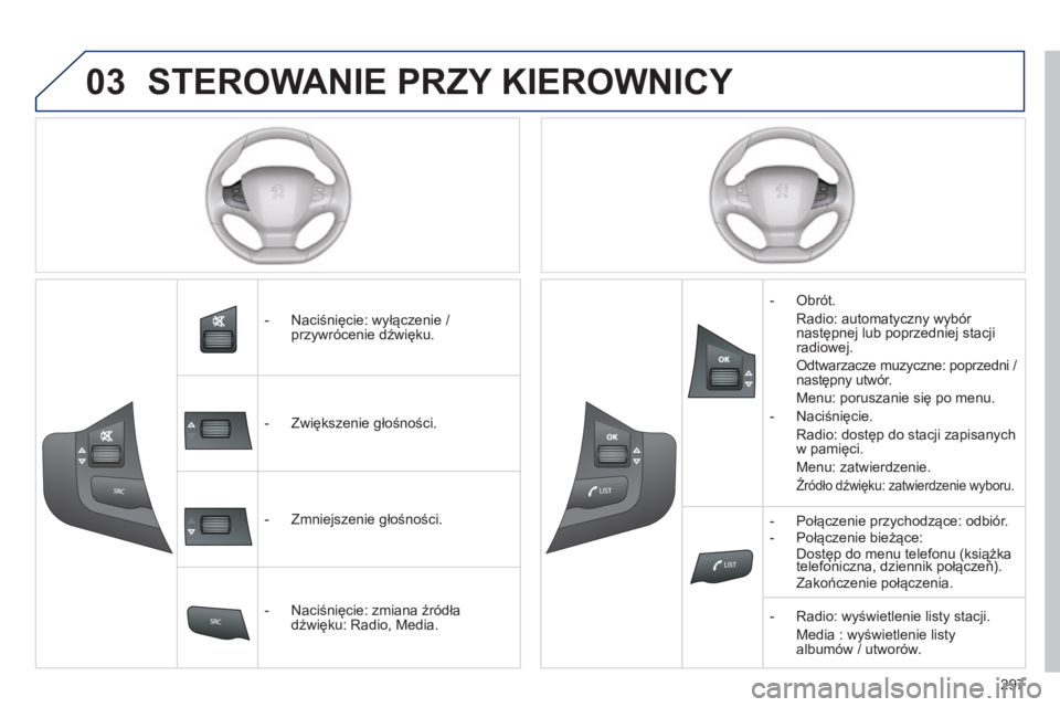 Peugeot 308 2014  Instrukcja Obsługi (in Polish) 03
297
308_pl_Chap10c_SMEGplus_ed02-2013
 STEROWANIE PRZY KIEROWNICY 
   -   Naciśnięcie: wyłączenie / przywrócenie dźwięku.  
   -   Zwiększenie głośności.  
   -   Zmniejszenie głośnoś