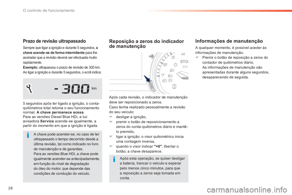 Peugeot 308 2014  Manual do proprietário (in Portuguese) 28
O controlo de funcionamento
308_pt_Chap01_controle de marche_ed02-2013
  Prazo de revisão ultrapassado 
 Sempre que ligar a ignição e durante 5 segundos,  a chave acende-se de forma intermitente