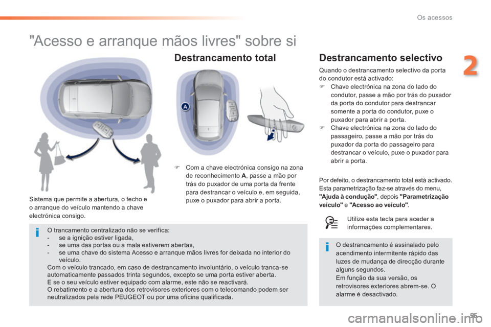 Peugeot 308 2014 Manual do proprietário (in Portuguese) 55
2
Os acessos
308_pt_Chap02_ouvertures_ed02-2013
Destrancamento total
"Acesso e arranque mãos livres" sobre si
Sistema que permite a abertura, o fecho e o arranque do veícul Peugeot 308 2014 Manual do proprietário (in Portuguese) 55
2
Os acessos
308_pt_Chap02_ouvertures_ed02-2013
Destrancamento total
"Acesso e arranque mãos livres" sobre si
Sistema que permite a abertura, o fecho e o arranque do veícul