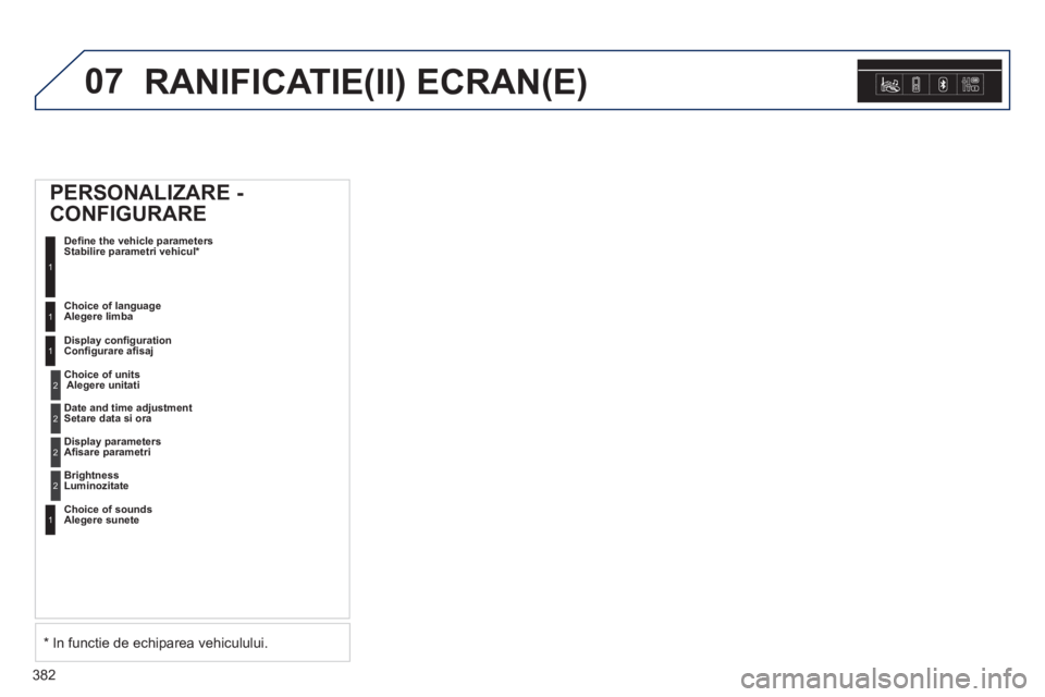 Peugeot 308 2014  Manualul de utilizare (in Romanian) 07
382
308_RO_CHAP10D_RD45_ED02_2013
 RANIFICATIE(II) ECRAN(E) 
      PERSONALIZARE  - 
CONFIGURARE 
 Deﬁ ne the vehicle parametersStabilire parametri vehicul *   1
  Choice of language Alegere limb