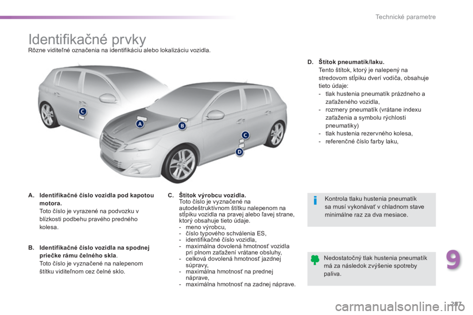 Peugeot 308 2014  Užívateľská príručka (in Slovak) 287
9
Technické parametre
308_sk_Chap09_caracteristiques techniques_ed02-2013
                        Identiﬁ kačné prvky  Rôzne viditeľné označenia na identifikáciu alebo lokalizáciu vozid