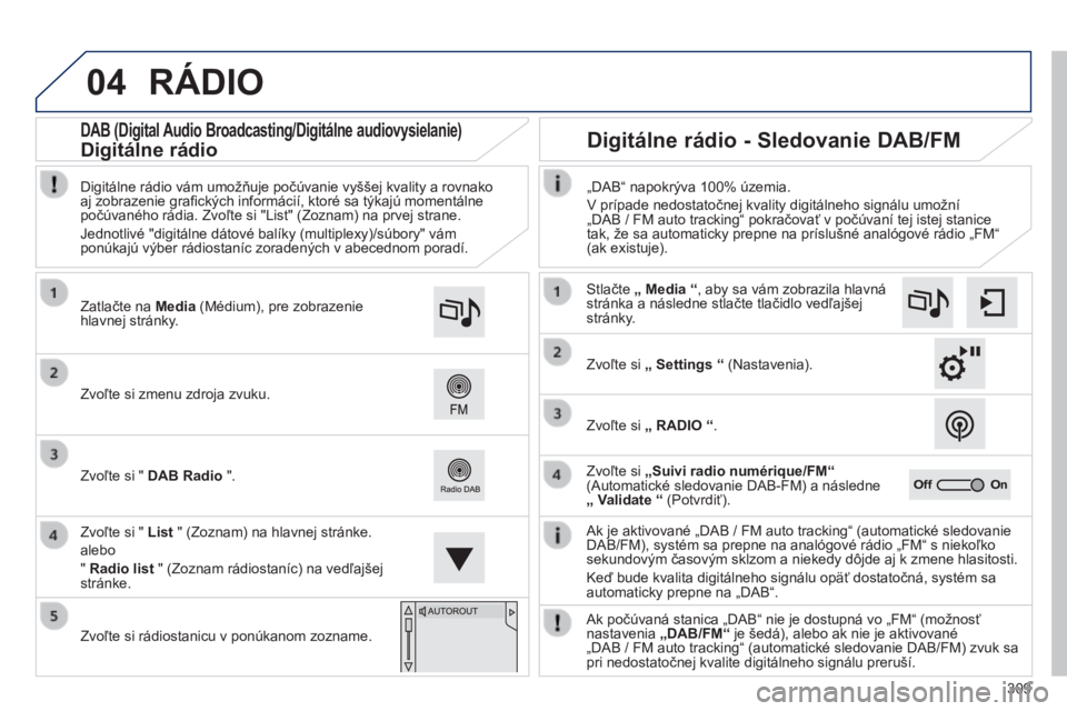 Peugeot 308 2014 Užívateľská príručka (in Slovak) 04
309
308_sk_Chap10c_SMEGplus_ed02-2013
RÁDIO
Ak je aktivované „DAB / FM auto tracking“ (automatické sledovanie DAB/FM), systém sa prepne na analógové rádio „FM“ s niekoľko sekund Peugeot 308 2014 Užívateľská príručka (in Slovak) 04
309
308_sk_Chap10c_SMEGplus_ed02-2013
RÁDIO
Ak je aktivované „DAB / FM auto tracking“ (automatické sledovanie DAB/FM), systém sa prepne na analógové rádio „FM“ s niekoľko sekund
