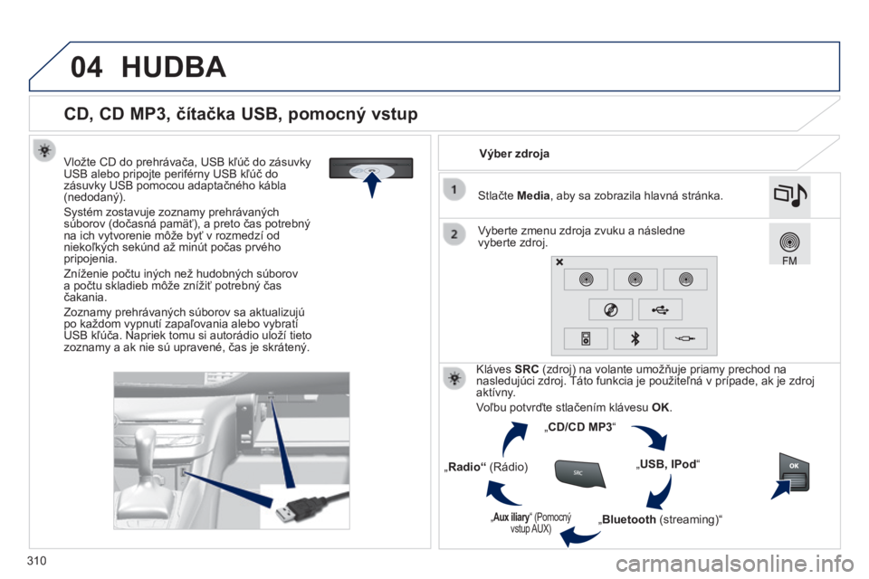 Peugeot 308 2014 Užívateľská príručka (in Slovak) 04
310
308_sk_Chap10c_SMEGplus_ed02-2013
CD, CD MP3, čítačka USB, pomocný vstup
Vložte CD do prehrávača, USB kľúč do zásuvky USB alebo pripojte periférny USB kľúč do Peugeot 308 2014 Užívateľská príručka (in Slovak) 04
310
308_sk_Chap10c_SMEGplus_ed02-2013
CD, CD MP3, čítačka USB, pomocný vstup
Vložte CD do prehrávača, USB kľúč do zásuvky USB alebo pripojte periférny USB kľúč do