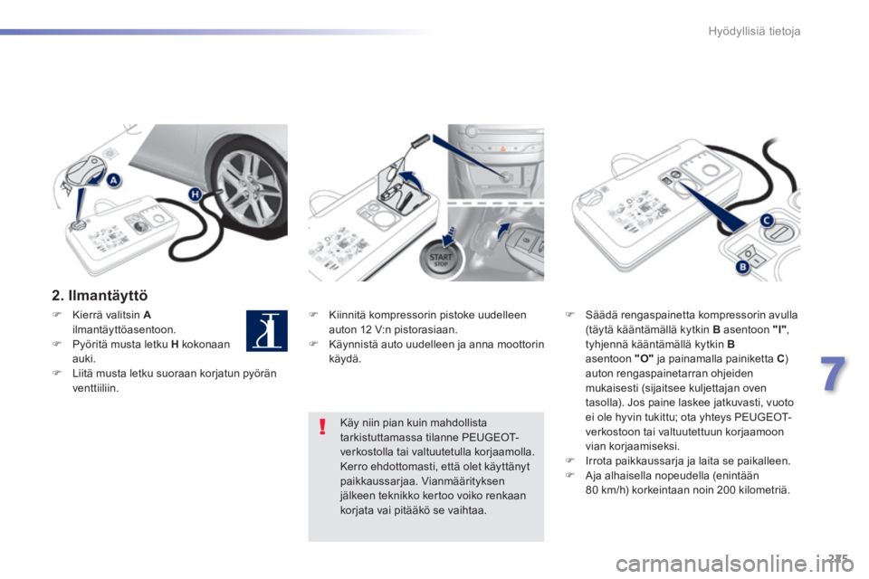 Peugeot 308 2014  Omistajan käsikirja (in Finnish) 225
7
Hyödyllisiä tietoja
308_fi_Chap07_info pratiques_ed02-2013
  2.  Ilmantäyttö  
   Kiinnitä kompressorin pistoke uudelleen auton 12 V:n pistorasiaan.    Käynnistä auto uudelleen ja a