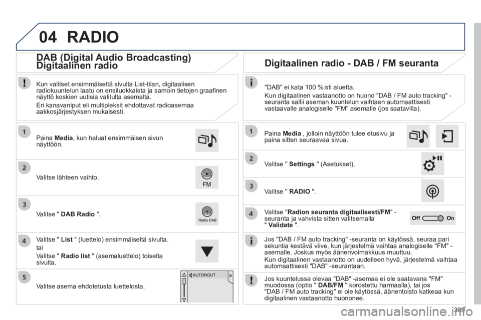 Peugeot 308 2014  Omistajan käsikirja (in Finnish) 04
309
308_ﬁ _Chap10c_SMEGplus_ed02-2013
 RADIO 
  Jos "DAB / FM auto tracking" -seuranta on käytössä, seuraa pari\
 sekuntia kestävä viive, kun järjestelmä vaihtaa analogiselle\
 "FM" -asema