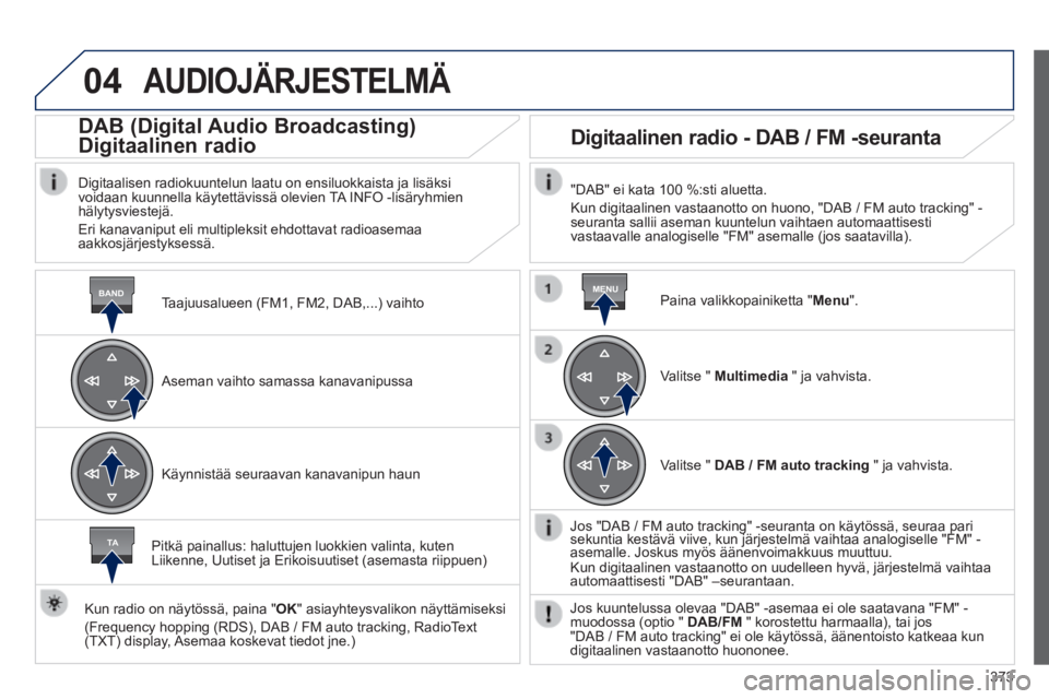 Peugeot 308 2014  Omistajan käsikirja (in Finnish) 04
BANDMENU
TA
373
308_ﬁ _Chap10d_RD45_ed02_2013
 AUDIOJÄRJESTELMÄ 
  Taajuusalueen (FM1, FM2, DAB,...) vaihto  
      DAB  (Digital  Audio  Broadcasting)  
Digitaalinen radio 
  Digitaalisen radi