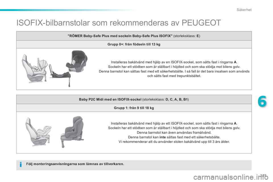 Peugeot 308 2014  Ägarmanual (in Swedish) 215
6
Säkerhet
308_sv_Chap06_securite_ed02-2013
           ISOFIX-bilbarnstolar  som  rekommenderas  av  PEUGEOT  
Följ monteringsanvisningarna som lämnas av tillverkaren.
"RÖMER Baby- Safe Plus m