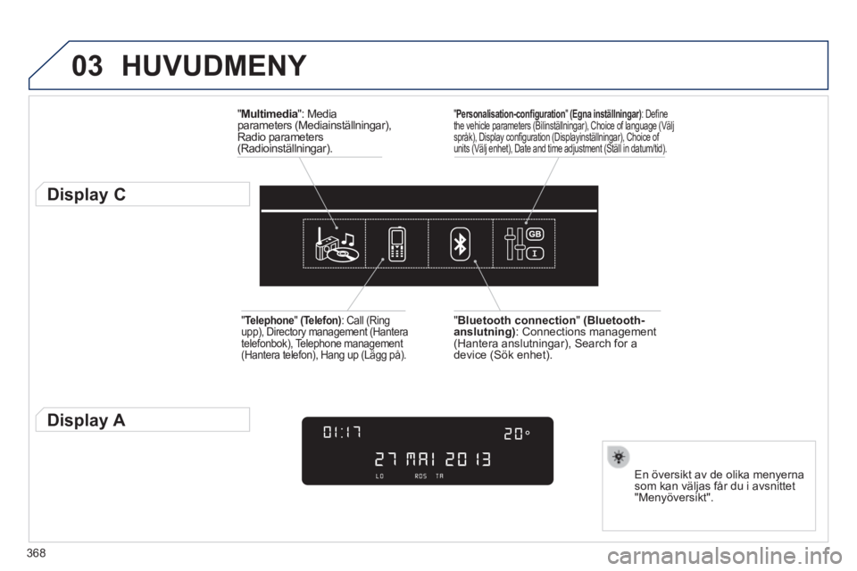 Peugeot 308 2014  Ägarmanual (in Swedish) 03
368
308_sv_Chap10d_RD45_ed02_2013
 HUVUDMENY 
  " Multimedia ":  Media parameters (Mediainställningar), Radio parameters (Radioinställningar).  
          Display C 
  En översikt av de olika me