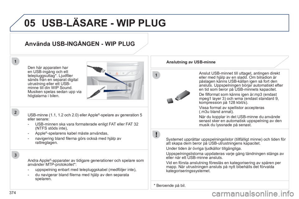 Peugeot 308 2014  Ägarmanual (in Swedish) 05
374
308_sv_Chap10d_RD45_ed02_2013
 USB-LÄSARE - WIP PLUG 
  Systemet upprättar uppspelningslistor (tillfälligt minne) och ti\
den för att skapa dem beror på USB-utrustningens kapacitet. 
 Unde