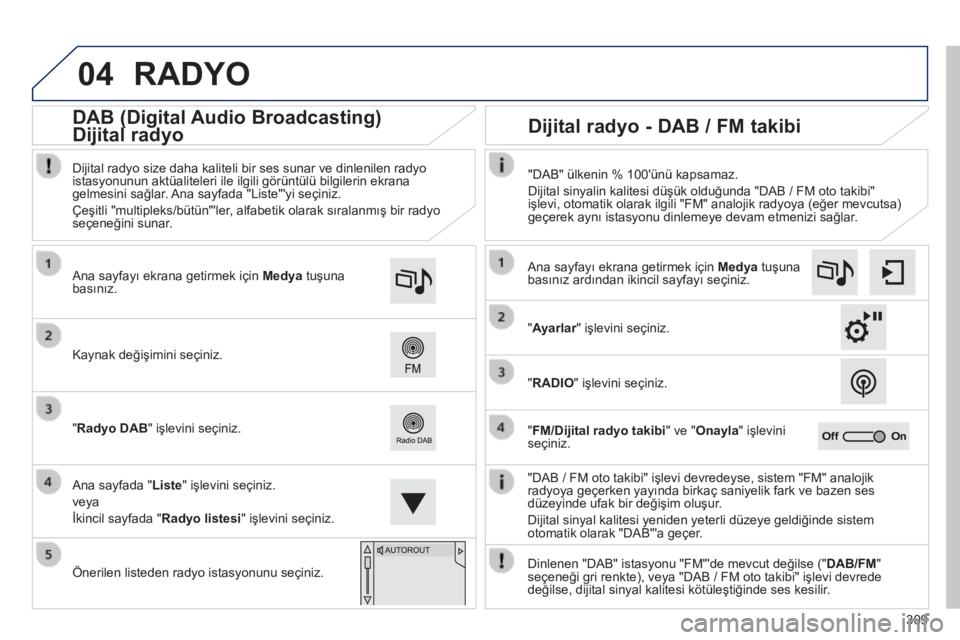 Peugeot 308 2014 Kullanım Kılavuzu (in Turkish) 04
309
308_TR_CHAP10C_SMEGPLUS_ED02-2013
RADYO
"DAB / FM oto takibi" işlevi devredeyse, sistem "FM" analojik radyoya geçerken yayında birkaç saniyelik fark ve bazen ses düzeyi Peugeot 308 2014 Kullanım Kılavuzu (in Turkish) 04
309
308_TR_CHAP10C_SMEGPLUS_ED02-2013
RADYO
"DAB / FM oto takibi" işlevi devredeyse, sistem "FM" analojik radyoya geçerken yayında birkaç saniyelik fark ve bazen ses düzeyi