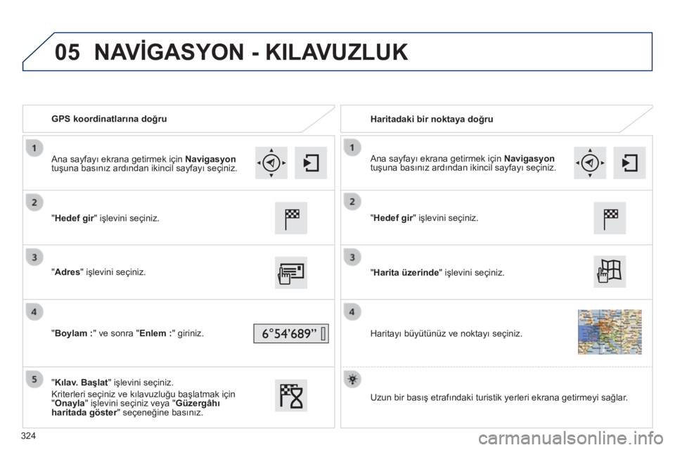 Peugeot 308 2014  Kullanım Kılavuzu (in Turkish) 05
308_TR_CHAP10C_SMEGPLUS_ED02-2013
   GPS koordinatlarına doğru     Haritadaki bir noktaya doğru  
  "Hedef gir" işlevini seçiniz.  
  "Adres" işlevini seçiniz.  
  "Boyla