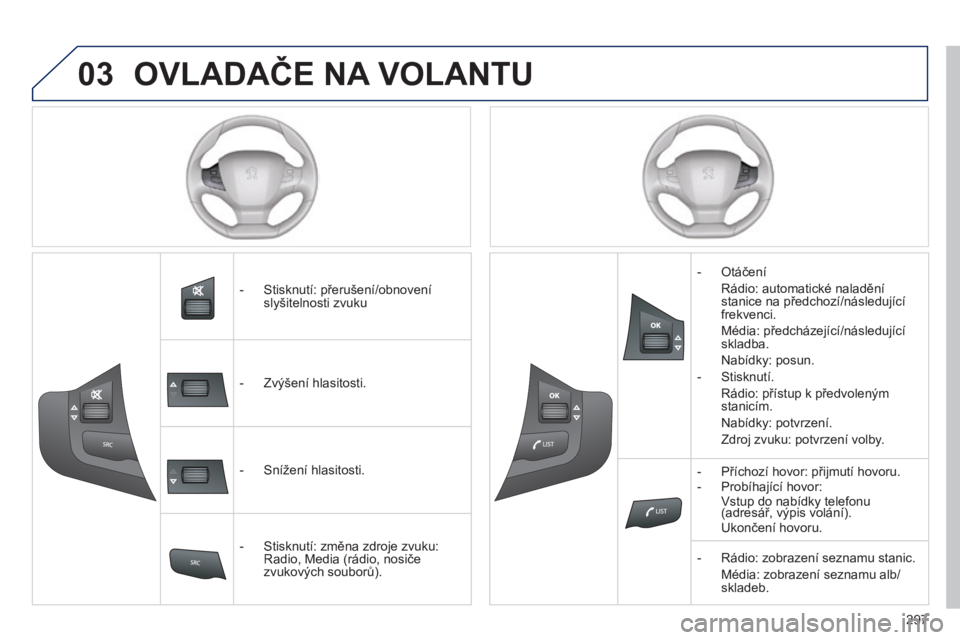 Peugeot 308 2014  Návod k obsluze (in Czech) 03
297
308_cs_Chap10c_SMEGplus_ed02-2013
 OVLADAČE NA VOLANTU 
   -   Stisknutí: přerušení/obnovení slyšitelnosti zvuku  
   -   Zvýšení hlasitosti.  
   -   Snížení hlasitosti.  
   -   