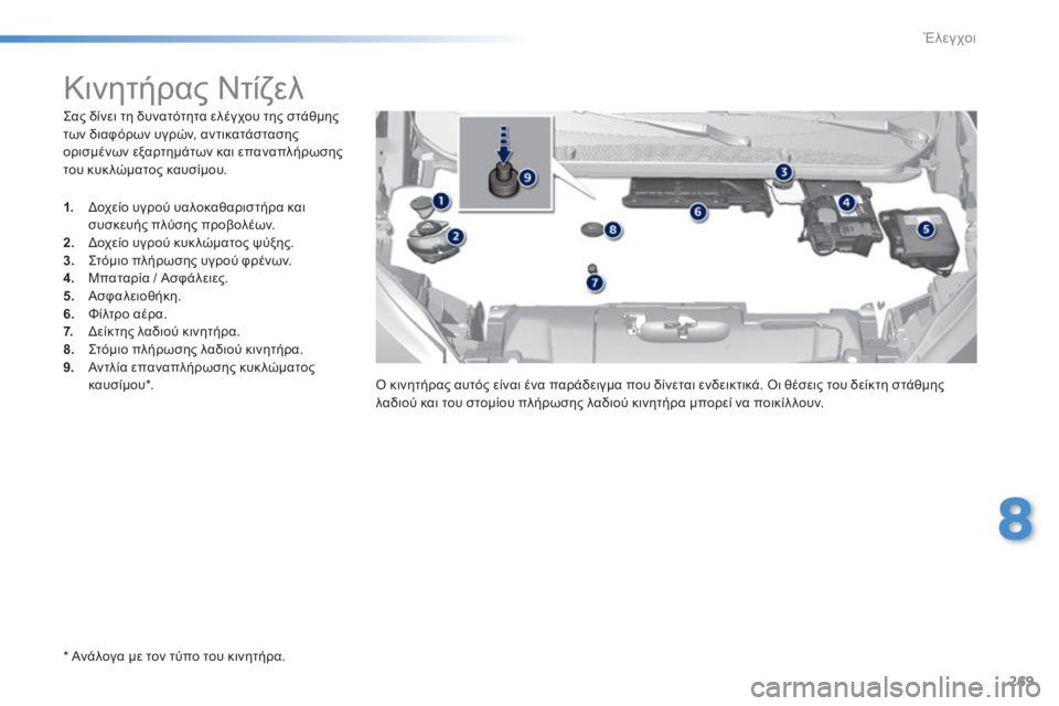 Peugeot 308 2014  Εγχειρίδιο χρήσης (in Greek) 269
8
Έλεγχοι
308_EL_CHAP08_VERIFICATIONS_ED02-2013
  Σας δίνει τη δυνατότητα ελέγχου της στάθμης των διαφόρων υγρών, αντικατάστα