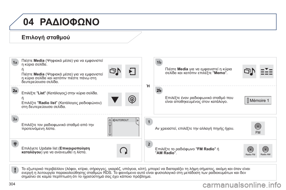 Peugeot 308 2014  Εγχειρίδιο χρήσης (in Greek) 04
308_EL_CHAP10C_SMEGPLUS_ED02-2013
          Επιλογή σταθμού 
  Το εξωτερικό περιβάλλον (λόφοι, κτίρια, σήραγγες, γκαράζ, υπόγεια, 