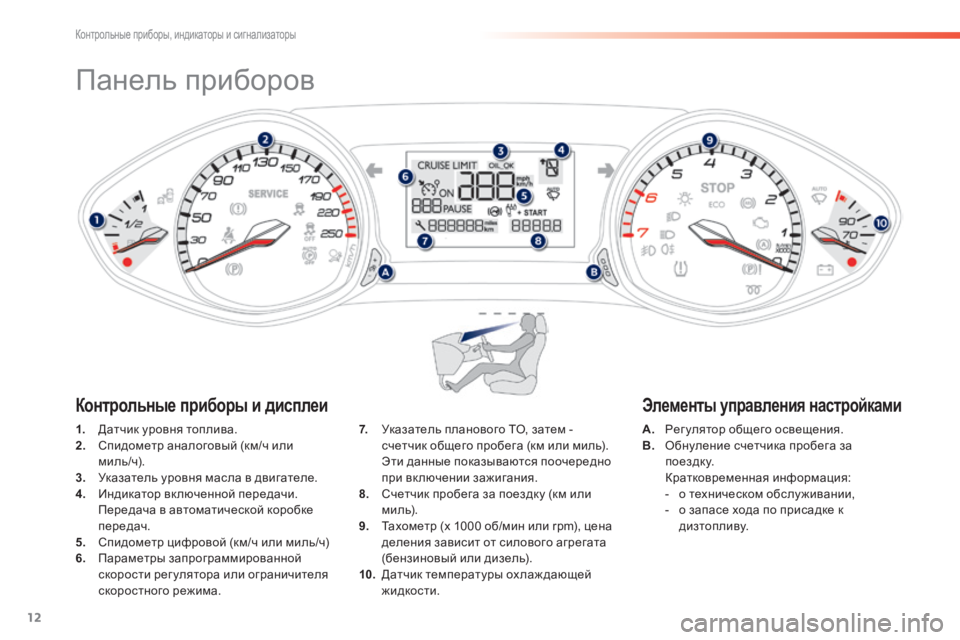 Peugeot 308 2014  Инструкция по эксплуатации (in Russian) 12
Контрольные приборы, индикаторы и сигнализаторы
308_RU_CHAP01_CONTROLE DE MARCHE_ED02-2013
            Панель приборов 
1.   Датчик у