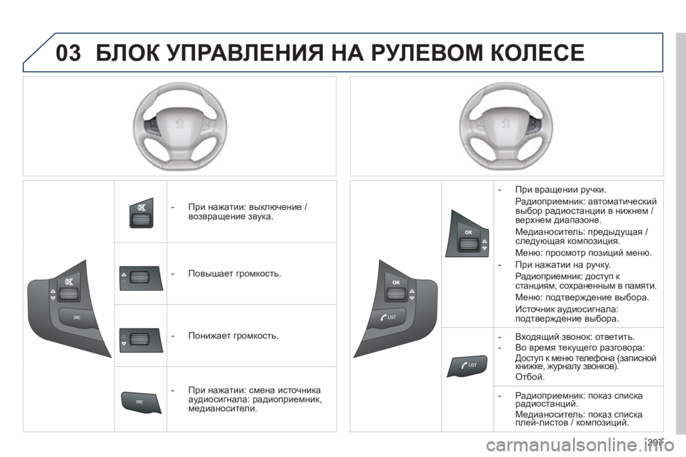 Peugeot 308 2014  Инструкция по эксплуатации (in Russian) 03
297
308_RU_CHAP10C_SMEGPLUS_ED02-2013
 БЛОК УПРАВЛЕНИЯ НА РУЛЕВОМ КОЛЕСЕ 
   -   При нажатии: выключение / возвращение звука.  
   -