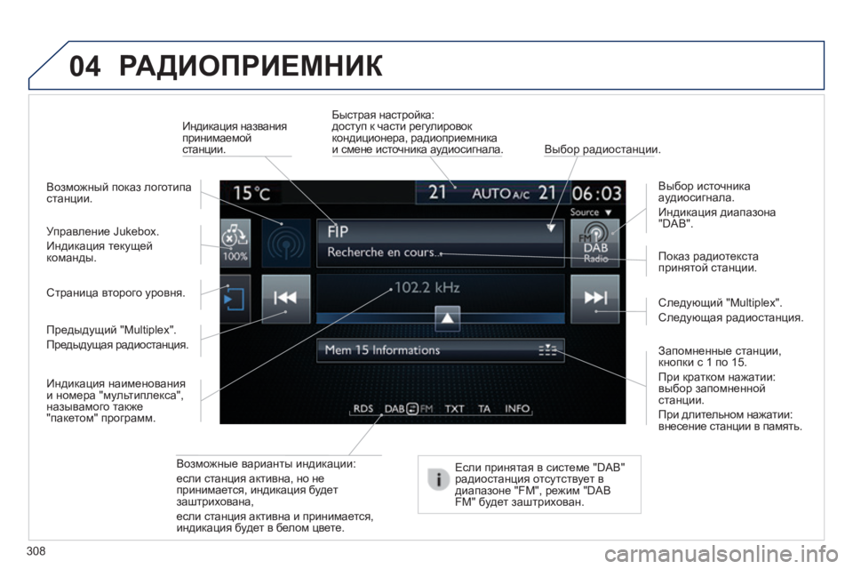 Peugeot 308 2014 Инструкция по эксплуатации (in Russian) 04
308
308_RU_CHAP10C_SMEGPLUS_ED02-2013
РАДИОПРИЕМНИК
Возможные варианты индикации:
если станция активна, но не принимаетс Peugeot 308 2014 Инструкция по эксплуатации (in Russian) 04
308
308_RU_CHAP10C_SMEGPLUS_ED02-2013
РАДИОПРИЕМНИК
Возможные варианты индикации:
если станция активна, но не принимаетс