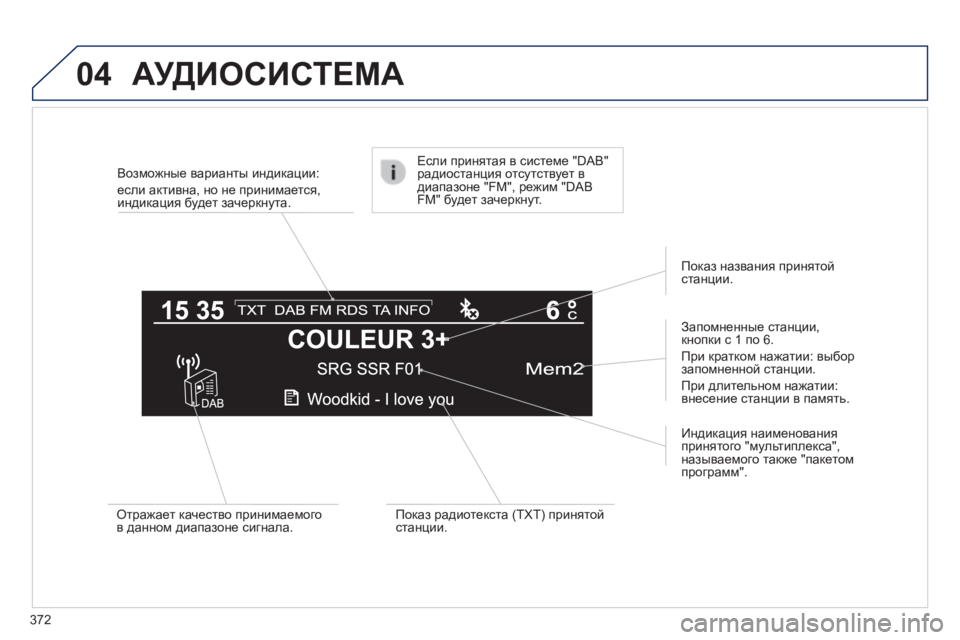 Peugeot 308 2014  Инструкция по эксплуатации (in Russian) 04
372
308_RU_CHAP10D_RD45_ED02_2013
Возможные варианты индикации:  
если активна, но не принимается, индикация будет зачеркну