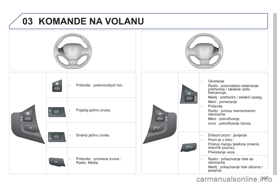 Peugeot 308 2014  Упутство за употребу (in Serbian) 03
297
308_SR_CHAP10C_SMEGPLUS_ED02-2013
 KOMANDE NA VOLANU 
   -   Pritisnite : prekini/uključi ton.  
   -   Pojačaj jačinu zvuka.  
   -   Smanji jačinu zvuka.  
   -   Pritisnite : promena izv