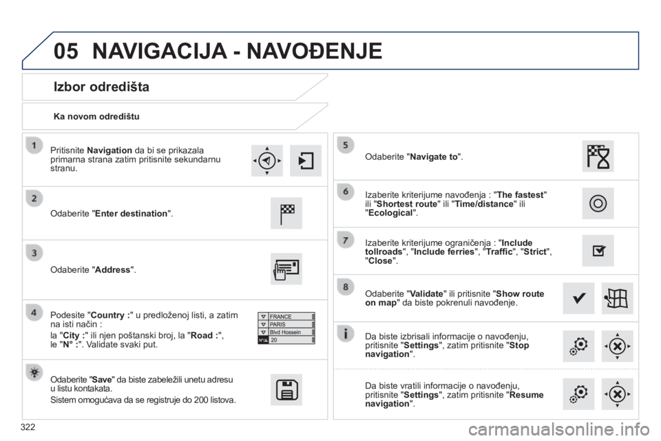 Peugeot 308 2014 Упутство за употребу (in Serbian) 05
322
308_SR_CHAP10C_SMEGPLUS_ED02-2013
Ka novom odredištu
Izbor odredišta
Odaberite " Enter destination " .
Odaberite " Save " da biste zabeležili unetu adresu u lis Peugeot 308 2014 Упутство за употребу (in Serbian) 05
322
308_SR_CHAP10C_SMEGPLUS_ED02-2013
Ka novom odredištu
Izbor odredišta
Odaberite " Enter destination " .
Odaberite " Save " da biste zabeležili unetu adresu u lis