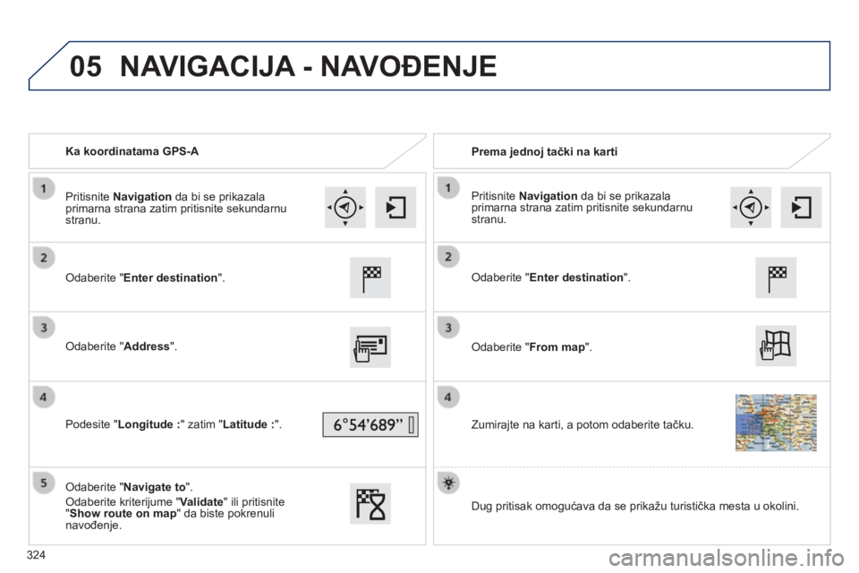 Peugeot 308 2014  Упутство за употребу (in Serbian) 05
308_SR_CHAP10C_SMEGPLUS_ED02-2013
   Ka koordinatama GPS-A     Prema jednoj tački na karti  
  Odaberite " Enter destination " .   
  Odaberite '' Address " .   
  Podesite 
