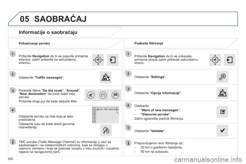 Peugeot 308 2014 Упутство за употребу (in Serbian) 05
330
308_SR_CHAP10C_SMEGPLUS_ED02-2013
Informacije o saobraćaju
Odaberite " Traffi c messages " .
Pritisnite Navigation da bi se pojavila primarna stranica, zatim priti Peugeot 308 2014 Упутство за употребу (in Serbian) 05
330
308_SR_CHAP10C_SMEGPLUS_ED02-2013
Informacije o saobraćaju
Odaberite " Traffi c messages " .
Pritisnite Navigation da bi se pojavila primarna stranica, zatim priti