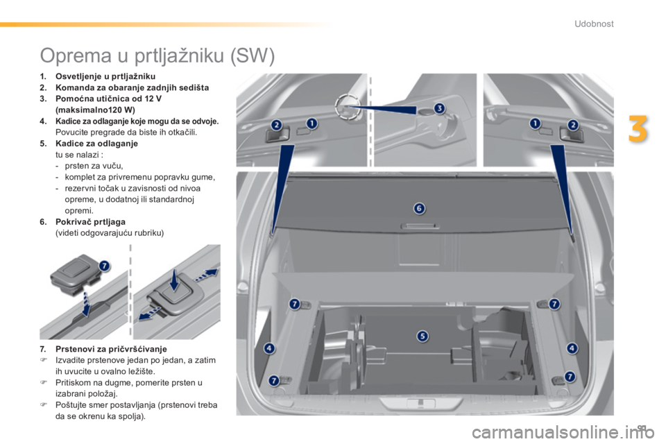 Peugeot 308 2014  Упутство за употребу (in Serbian) 91
3
Udobnost
308_SR_CHAP03_CONFORT_ED02-2013
                 Oprema u prtljažniku (SW)  
1.    Osvetljenje u pr tljažniku2.    Komanda za obaranje zadnjih sedišta3.    Pomoćna utičnica od 12 V(
