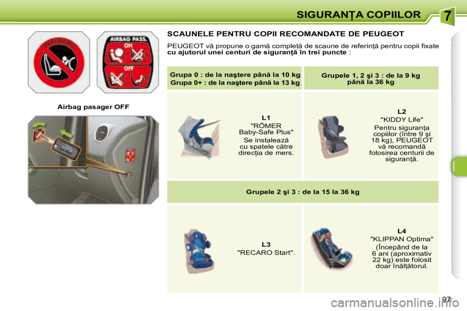 Peugeot 308 2007.5  Manualul de utilizare (in Romanian) 7
97
�A�i�r�b�a�g� �p�a�s�a�g�e�r� �O�F�F
SCAUNELE PENTRU COPII RECOMANDATE DE PEUGEOT
�P�E�U�G�E�O�T� �v � �p�r�o�p�u�n�e� �o� �g�a�m � �c�o�m�p�l�e�t � �d�e� �s�c�a�u�n�e� �d�e� �r�e�f�e�r�i�n=
