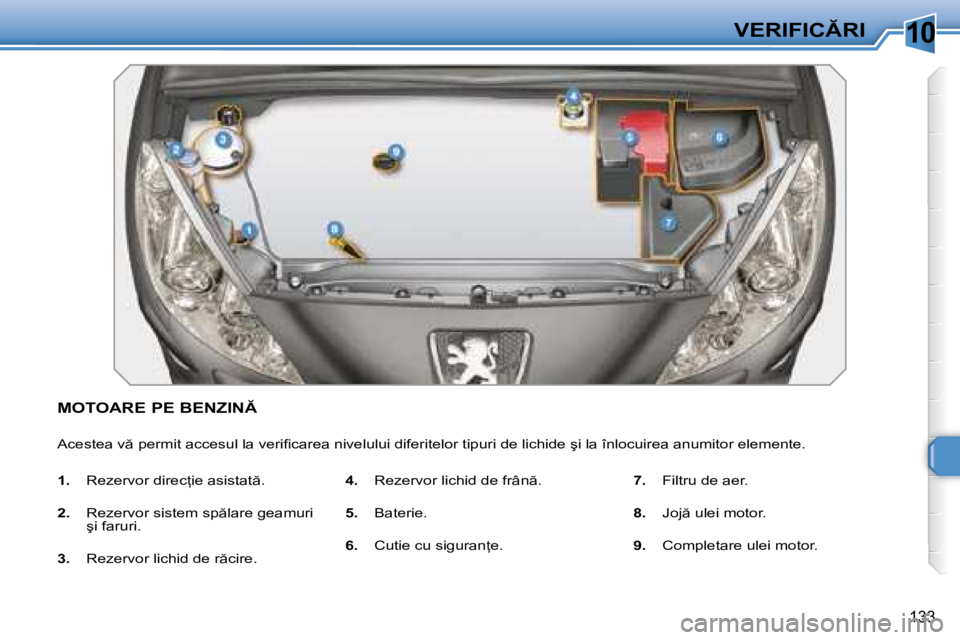 Peugeot 308 2007.5  Manualul de utilizare (in Romanian) 10
133
�V�E�R�I�F�I�C�R�I
�M�O�T�O�A�R�E� �P�E� �B�E�N�Z�I�N
�A�c�e�s�t�e�a� �v � �p�e�r�m�i�t� �a�c�c�e�s�u�l� �l�a� �v�e�r�i�i� �c�a�r�e�a� �n�i�v�e�l�u�l�u�i� �d�i�f�e�r�i�t�e�l�o�r� �t�i�p�u�