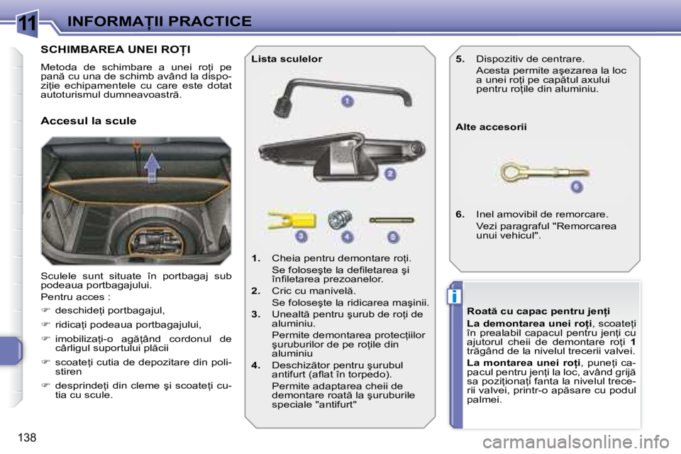 Peugeot 308 2007.5  Manualul de utilizare (in Romanian) 11
i
138
�I�N�F�O�R�M�A�I�I� �P�R�A�C�T�I�C�E
�S�C�H�I�M�B�A�R�E�A� �U�N�E�I� �R�O�I
�M�e�t�o�d�a�  �d�e�  �s�c�h�i�m�b�a�r�e�  �a�  �u�n�e�i�  �r�o=�i�  �p�e�  
�p�a�n � �c�u� �u�n�a� �d�e� �s�